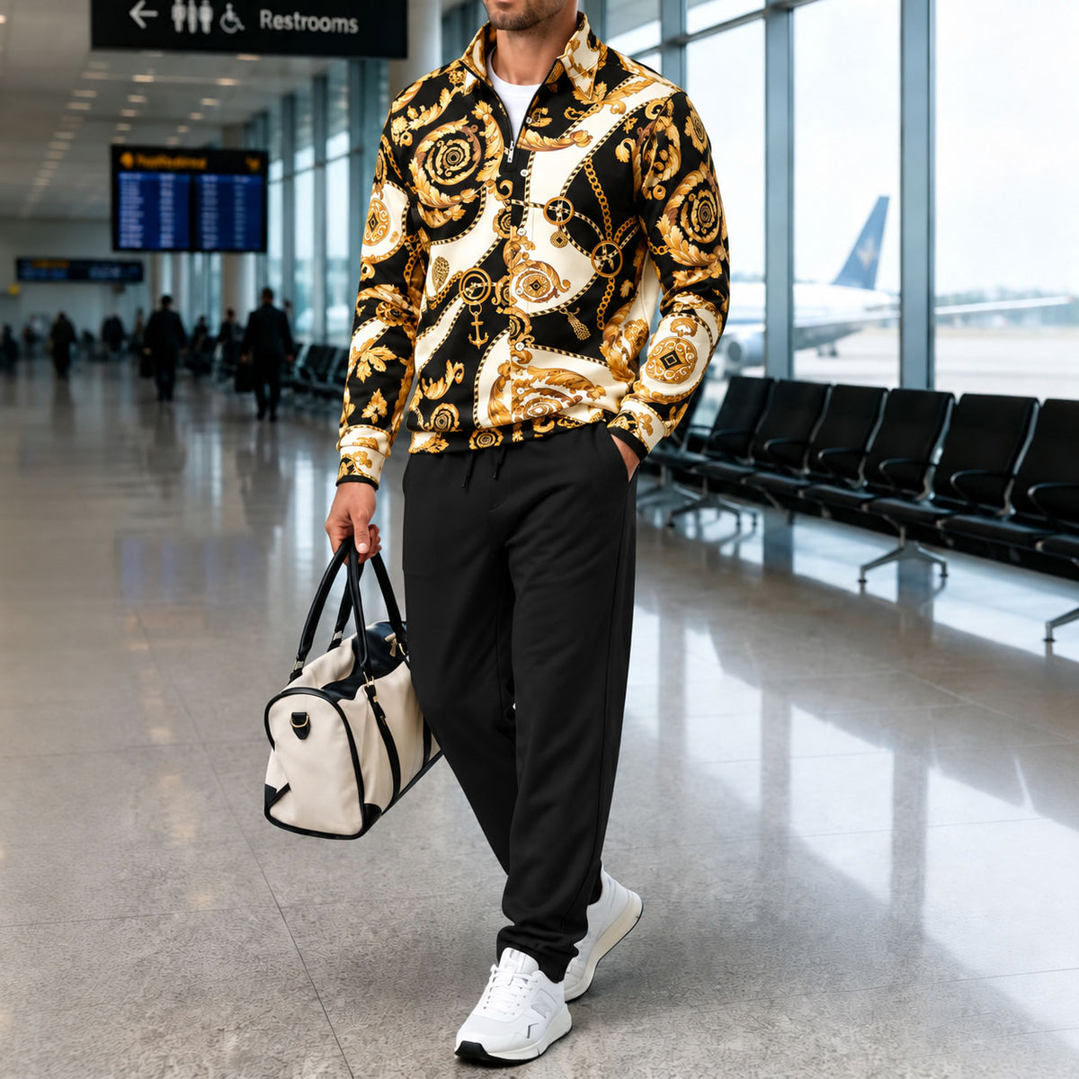 Men's Baroque Stand-Up Collar Long-Sleeve Shirt and Pants Set