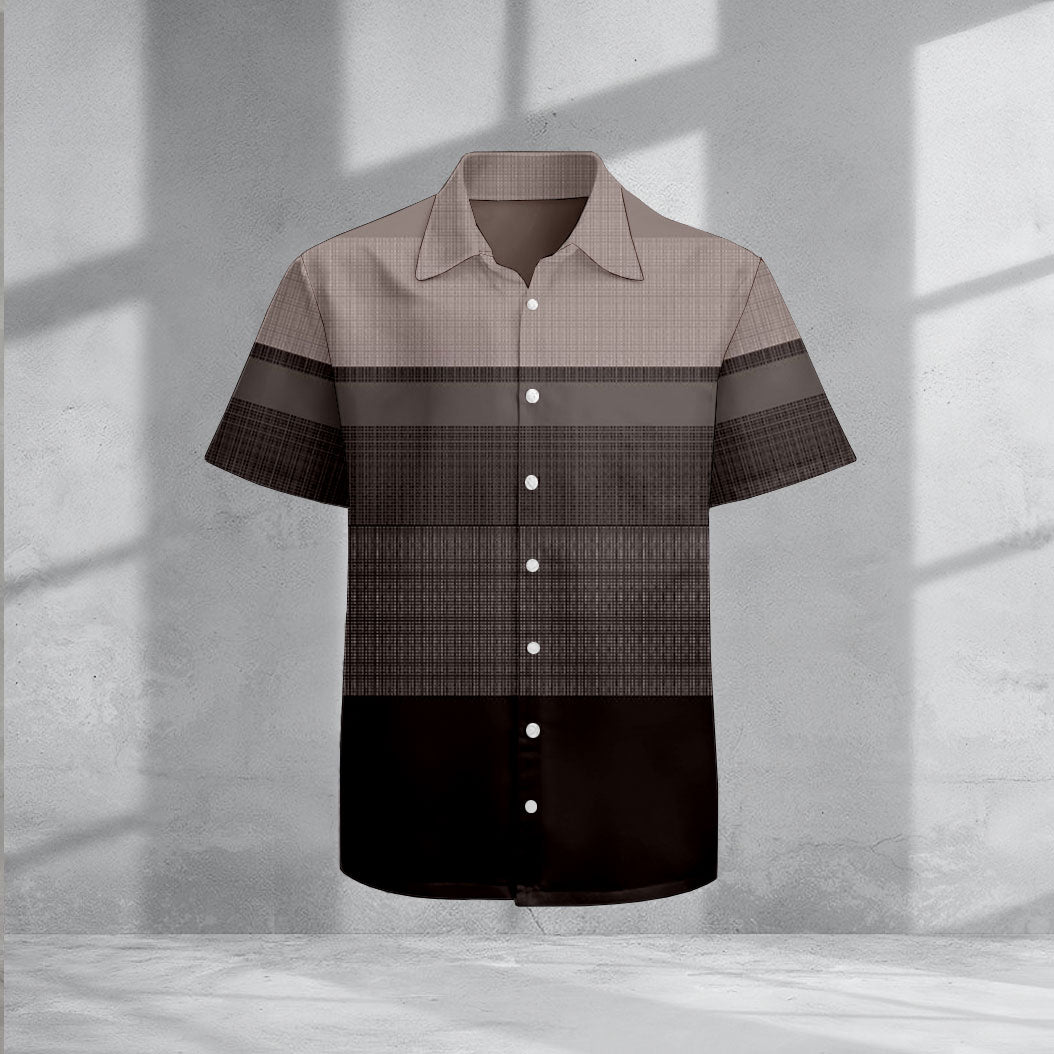 Men's Casual Lapel Coffee Striped Printed Short Sleeve Shirts