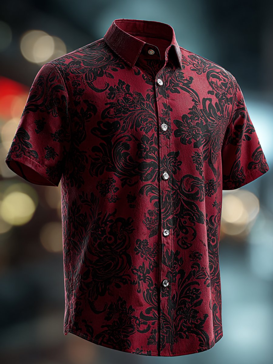 Men's Business Casual Black Floral Lapel Short Sleeve Shirt