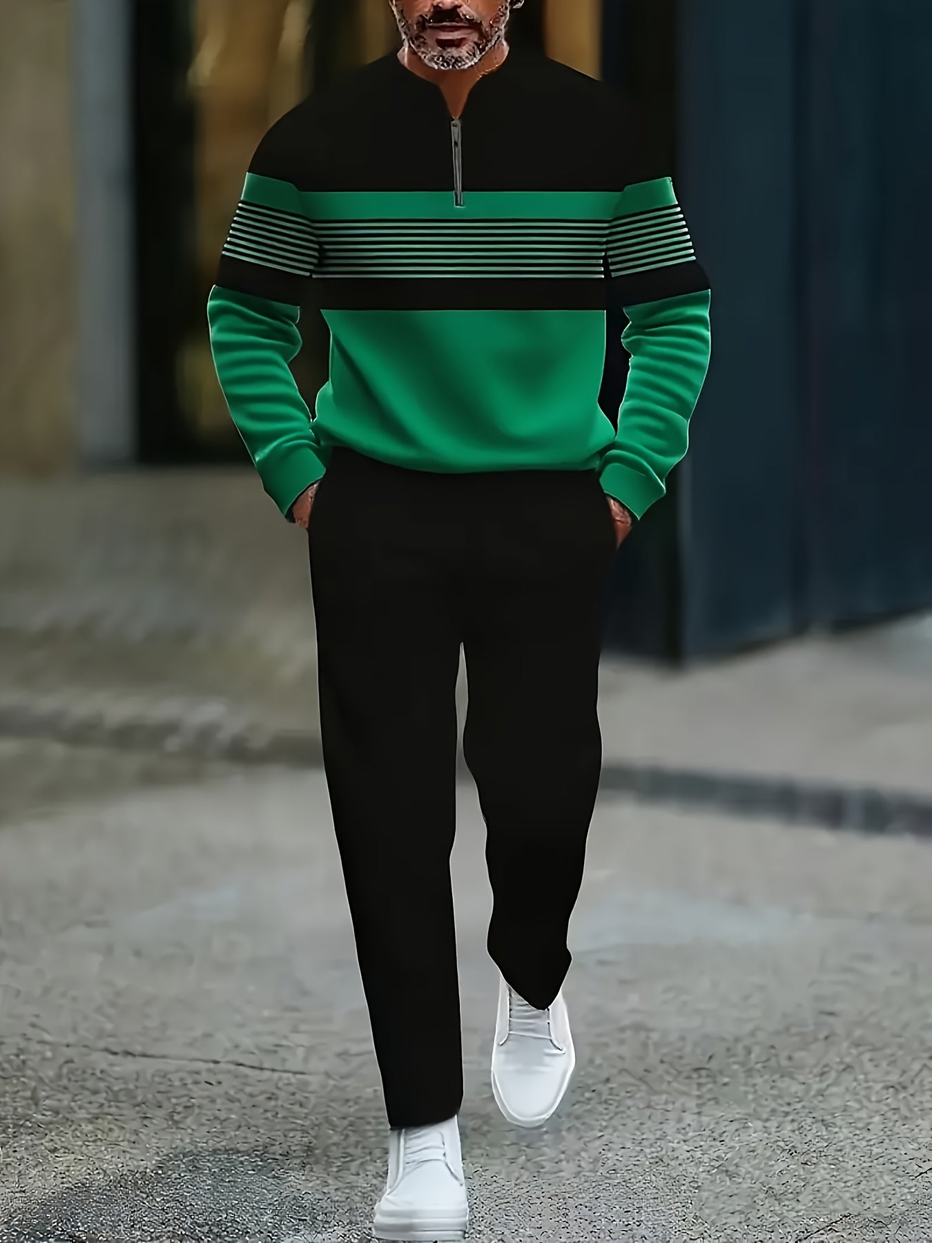Men's Casual Color Matching Printed Round-Neck Zipper Long Sleeved Trousers Two-Piece Set