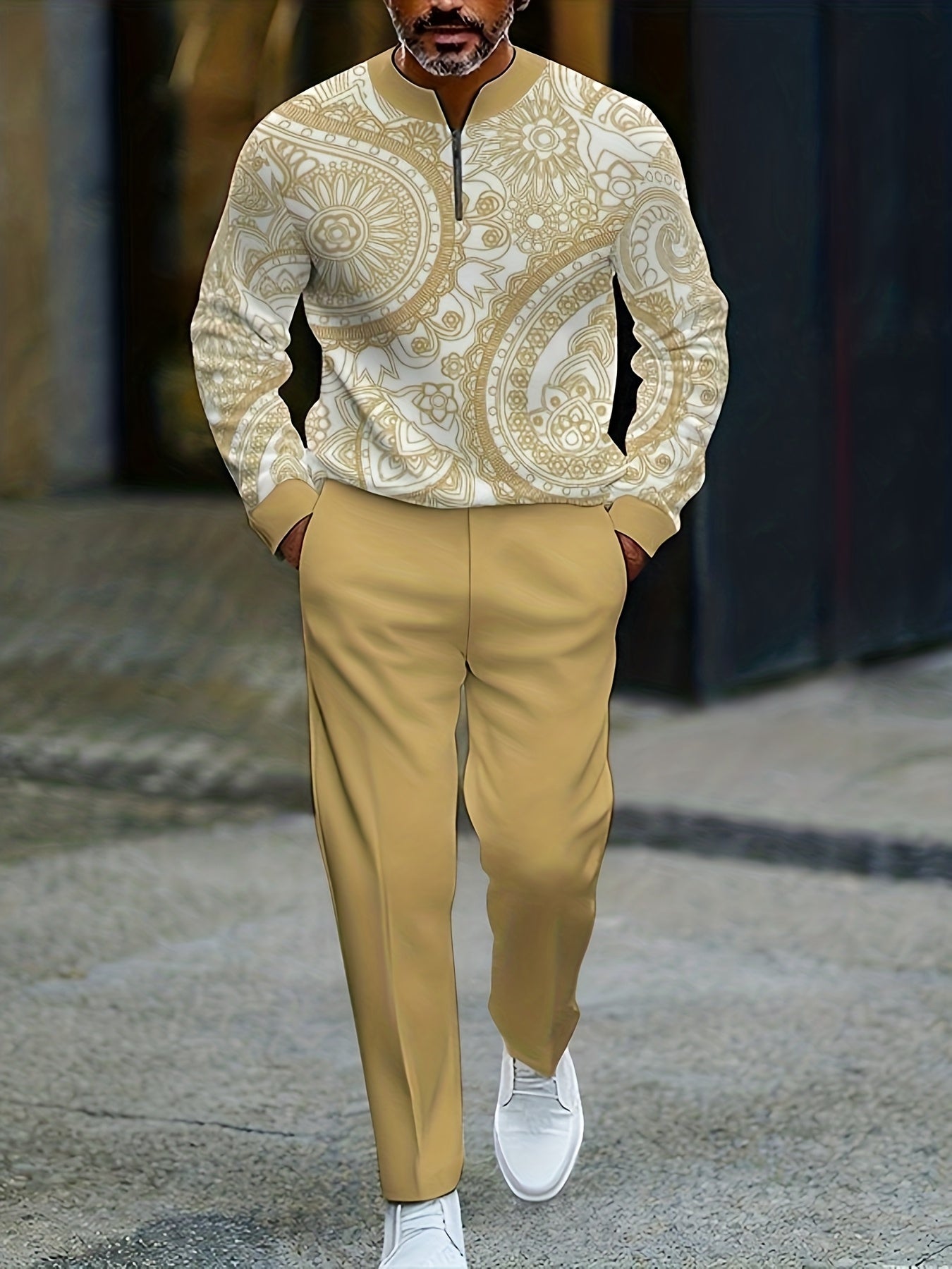 Men's Casual Flower Printed Round-Neck Zipper Long Sleeved Trousers Yellow Two-Piece Set