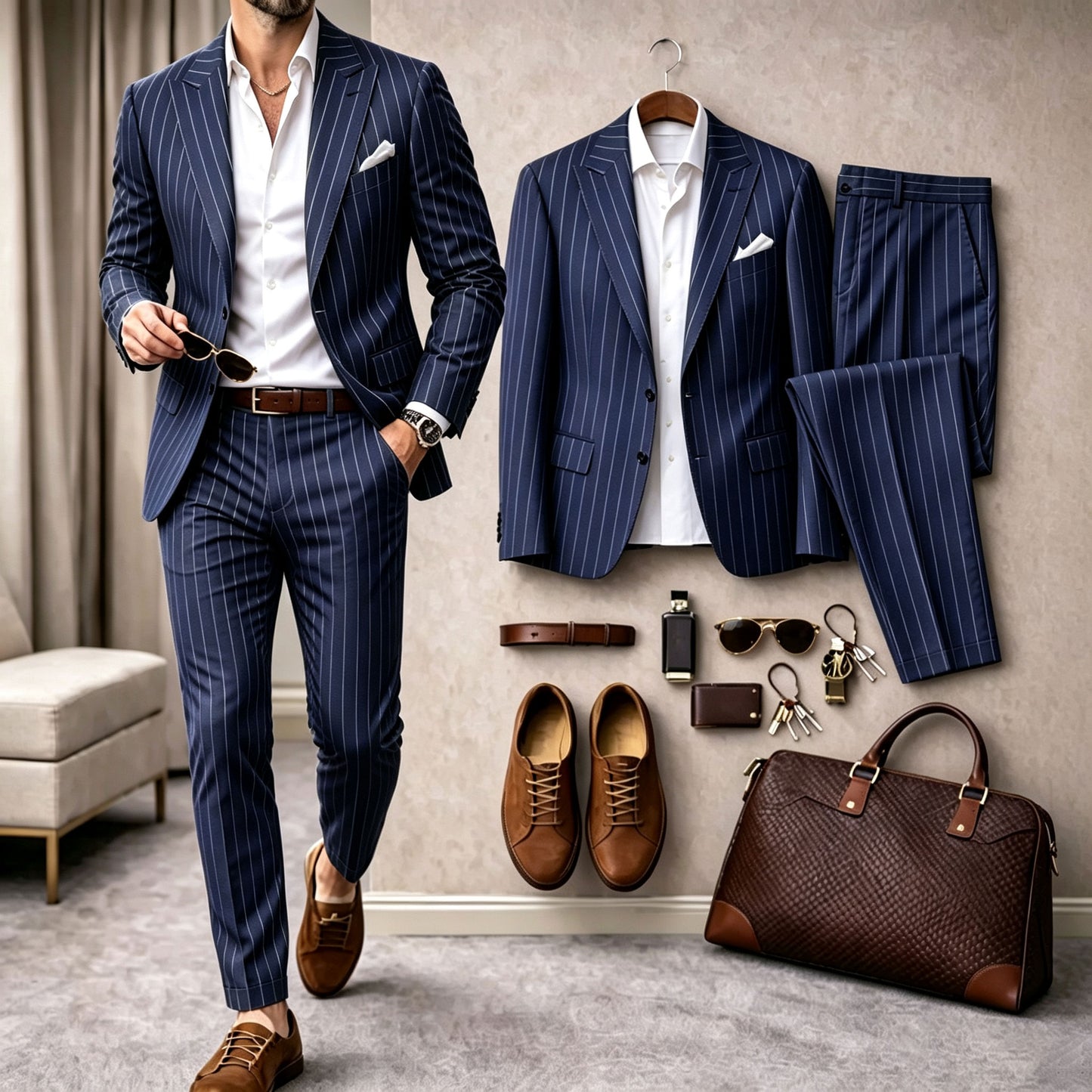 Men's Striped Long-Sleeve Shirt and Pants Suit Set