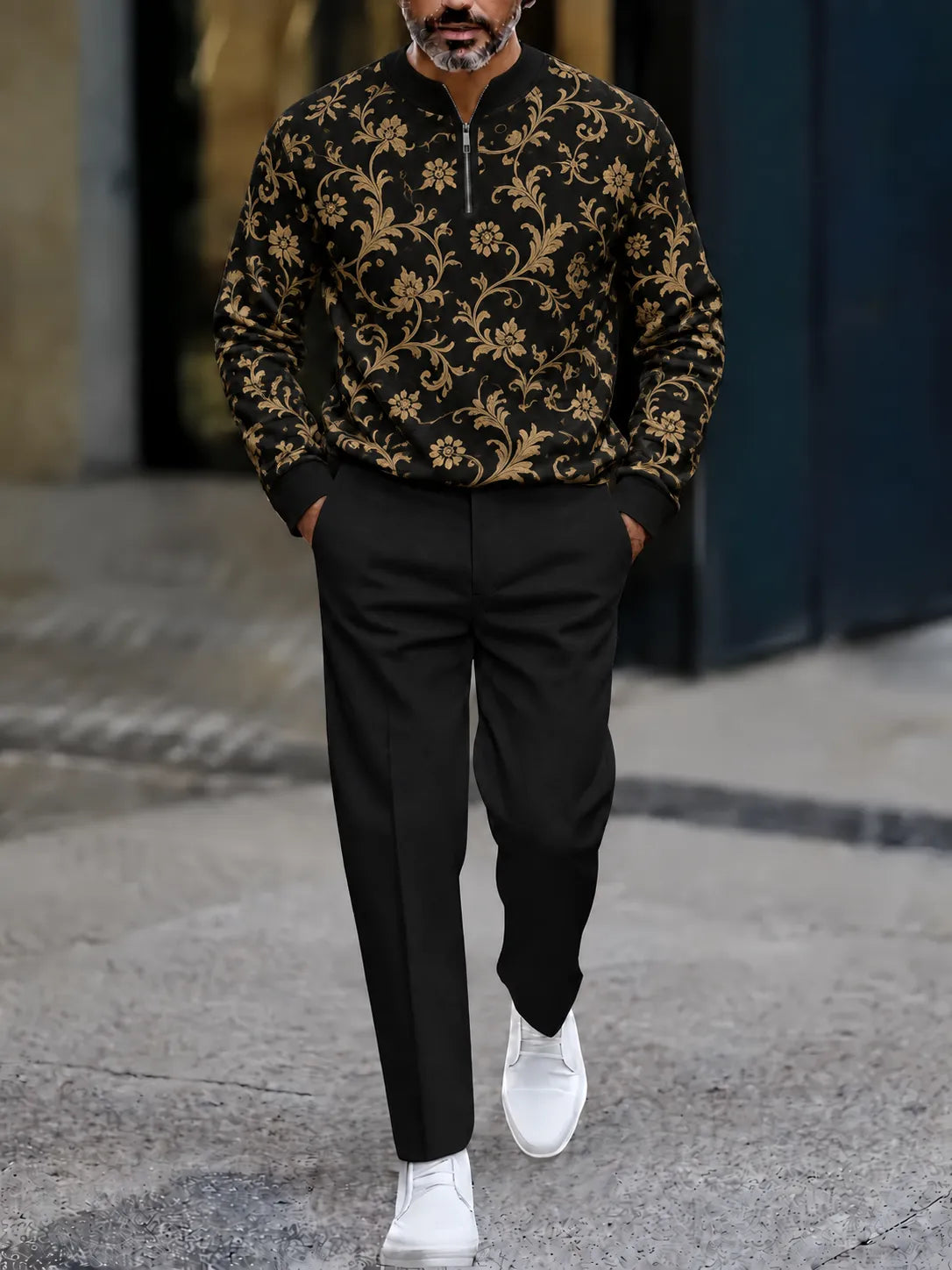 Men's Printed Zipper Polo Shirt and Pants Set