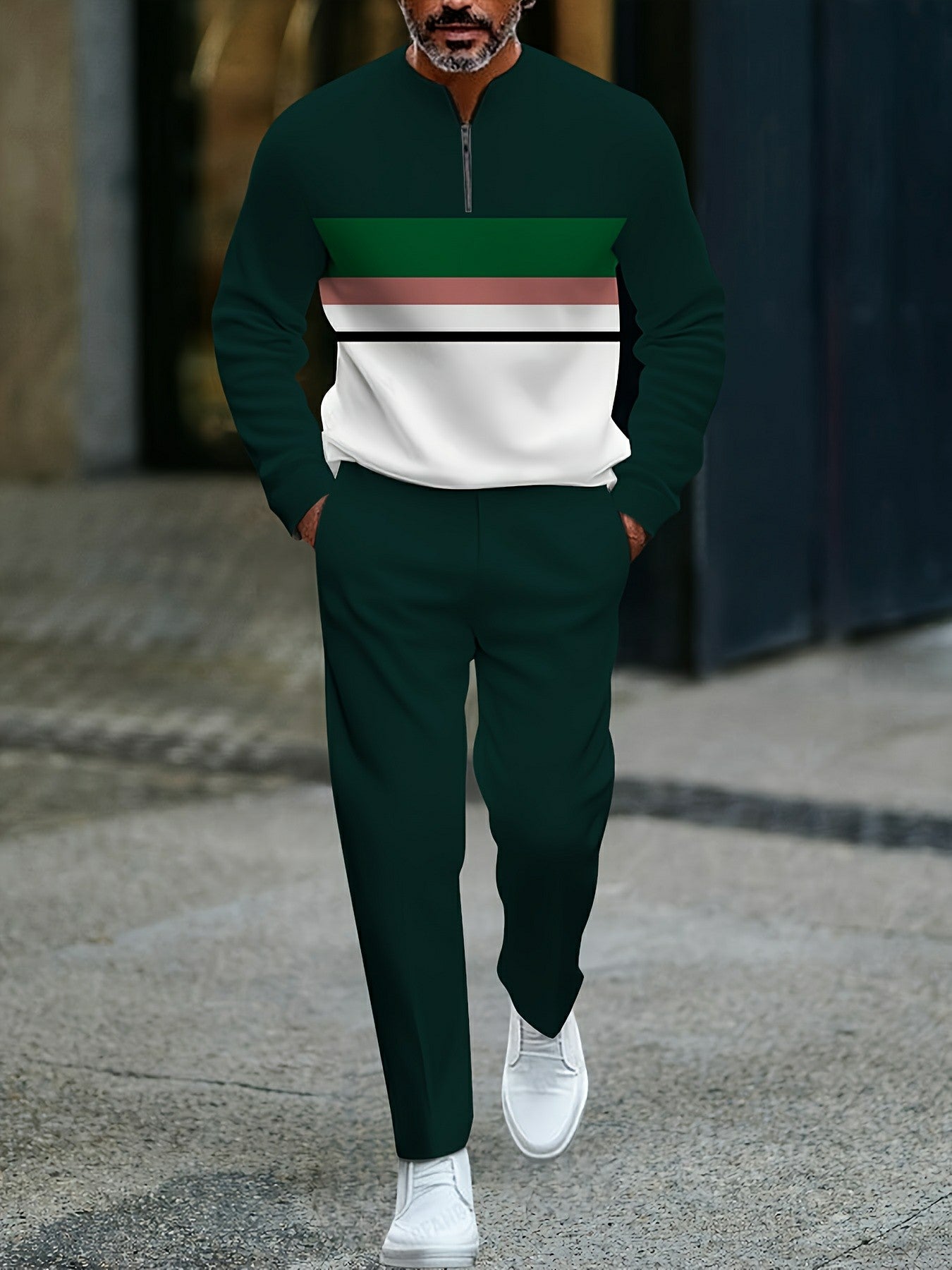 Men's Casual Dark Green & White Color Matching Striped Printed Round-Neck Zipper Long Sleeved Trousers Two-Piece Set