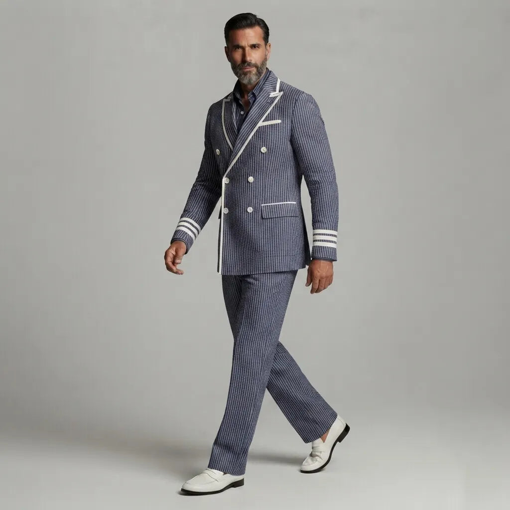 Men's Formal Navy Blue Pinstripe Print Contrast Piping Peak Lapel Double-Breasted Blazer & Pants 2Pcs Suit