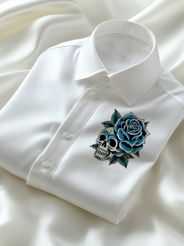 Men's Business Casual Rose Skull Logo Lapel Short Sleeve Shirt