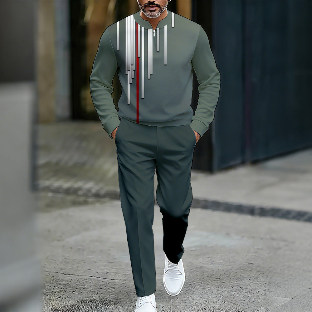 Men's Casual Color Matching Printed Round-Neck Zipper Long Sleeved Trousers Two-Piece Set
