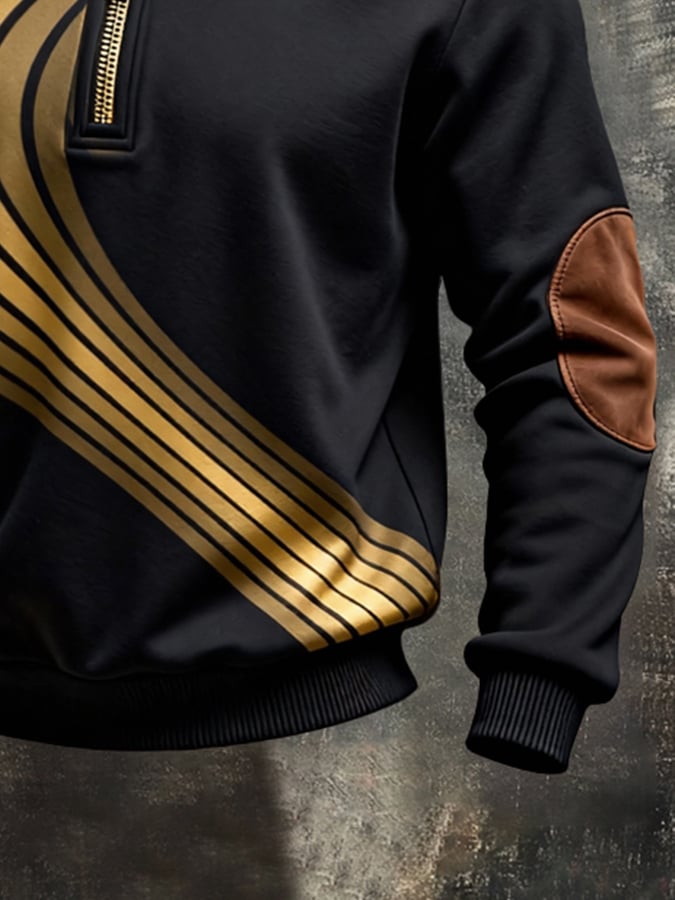 Men's Retro Color Block Print Color-Blocked Zip-Up Sweatshirt