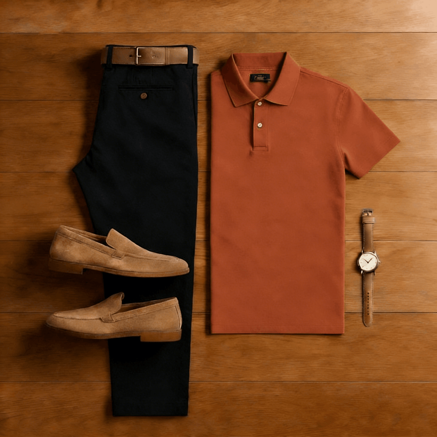 Men's Casual Red Brown & Black Solid Color Matching Sport Short Sleeved Polo Shirt & Trousers Two-Piece Set