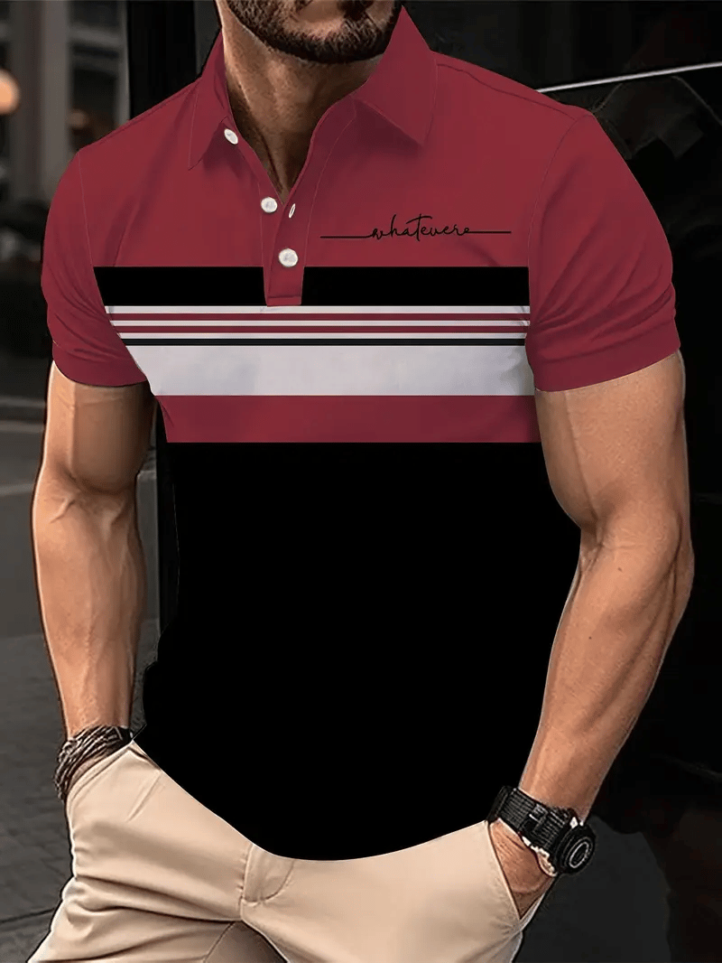 Men's Business Stripe Logo Button-Down Short Sleeve Polo Shirt