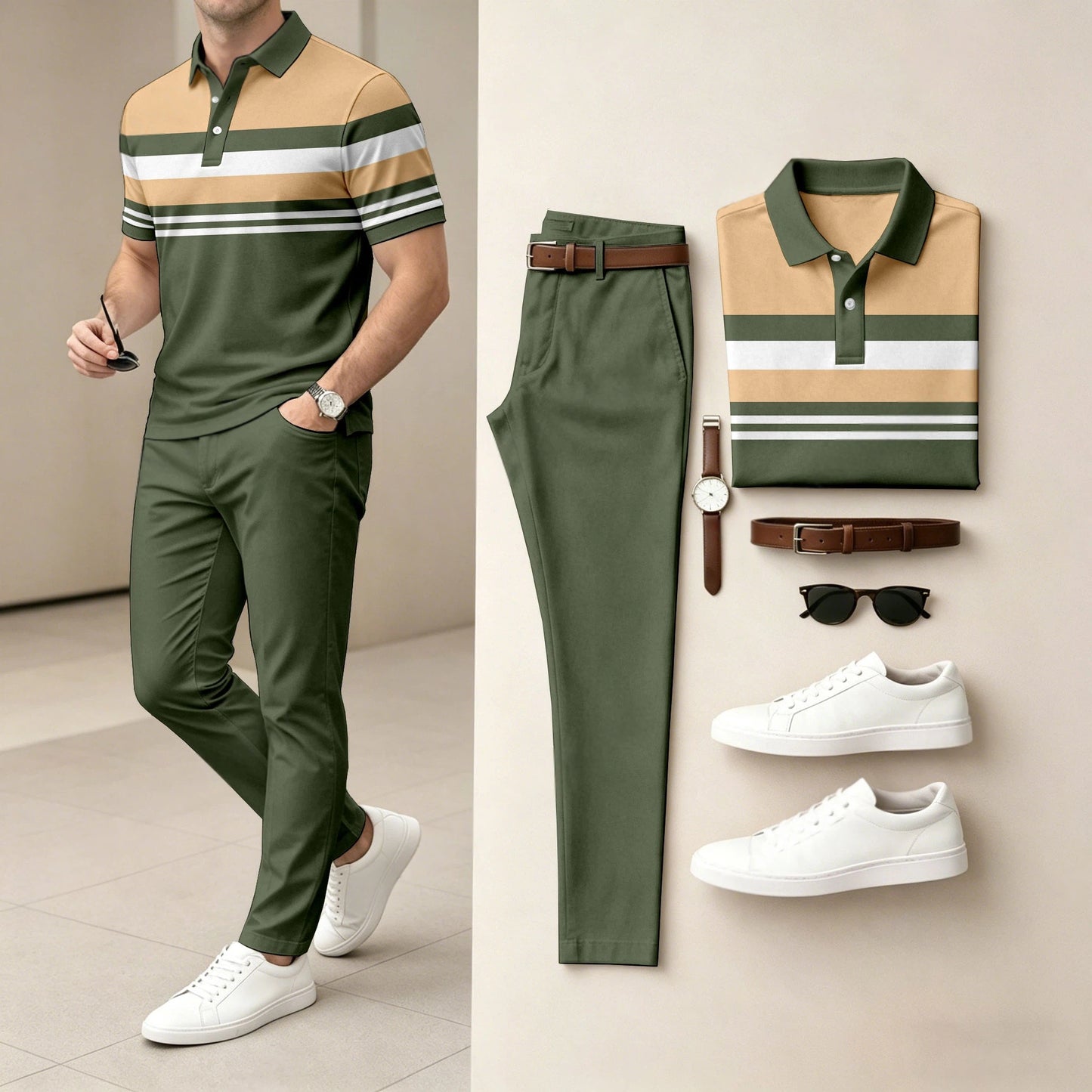 Men's Casual Striped Contrasting Printed Polo Shirt And Pants Two-Piece Set