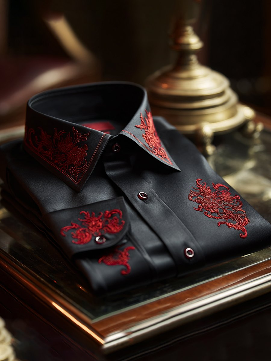 Men's Satin Luxury European Pattern Long Sleeve Button-Down Shirt