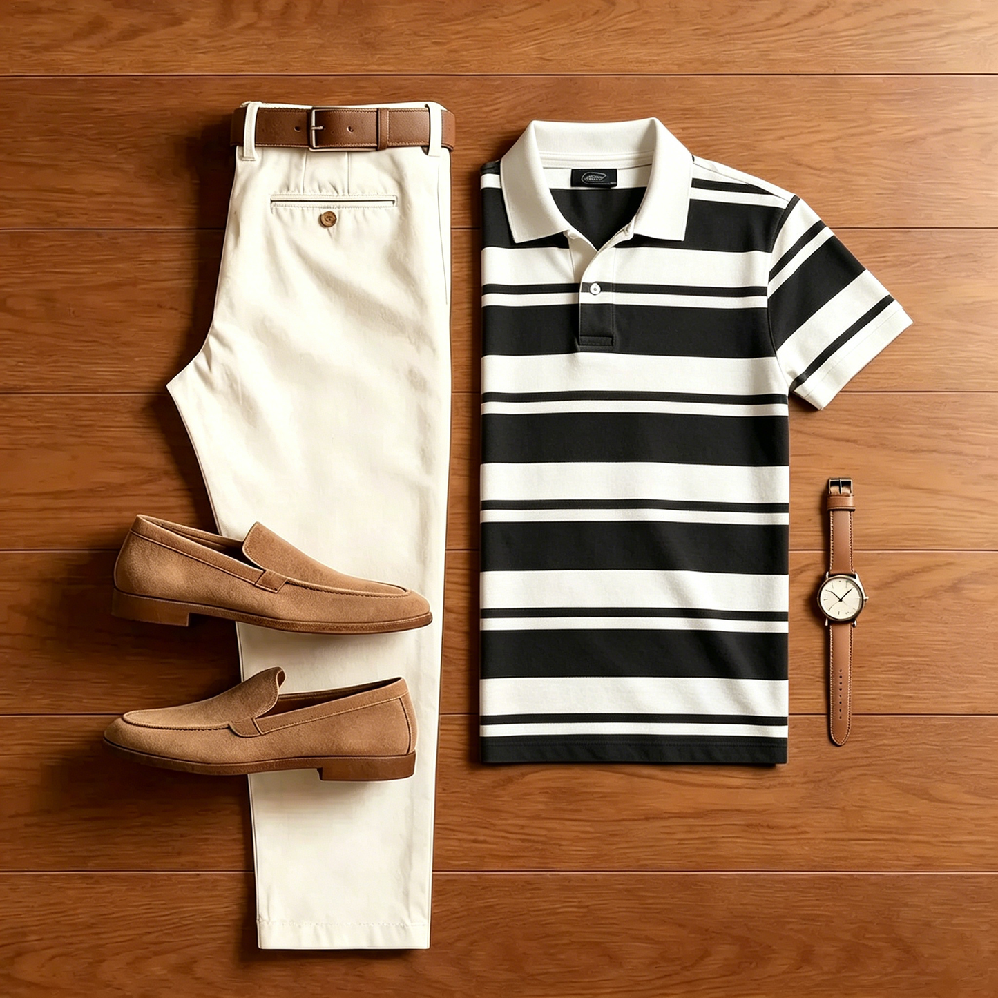 Men's Casual Black Striped Polo Shirt And Off-white Pants Two-Piece Set