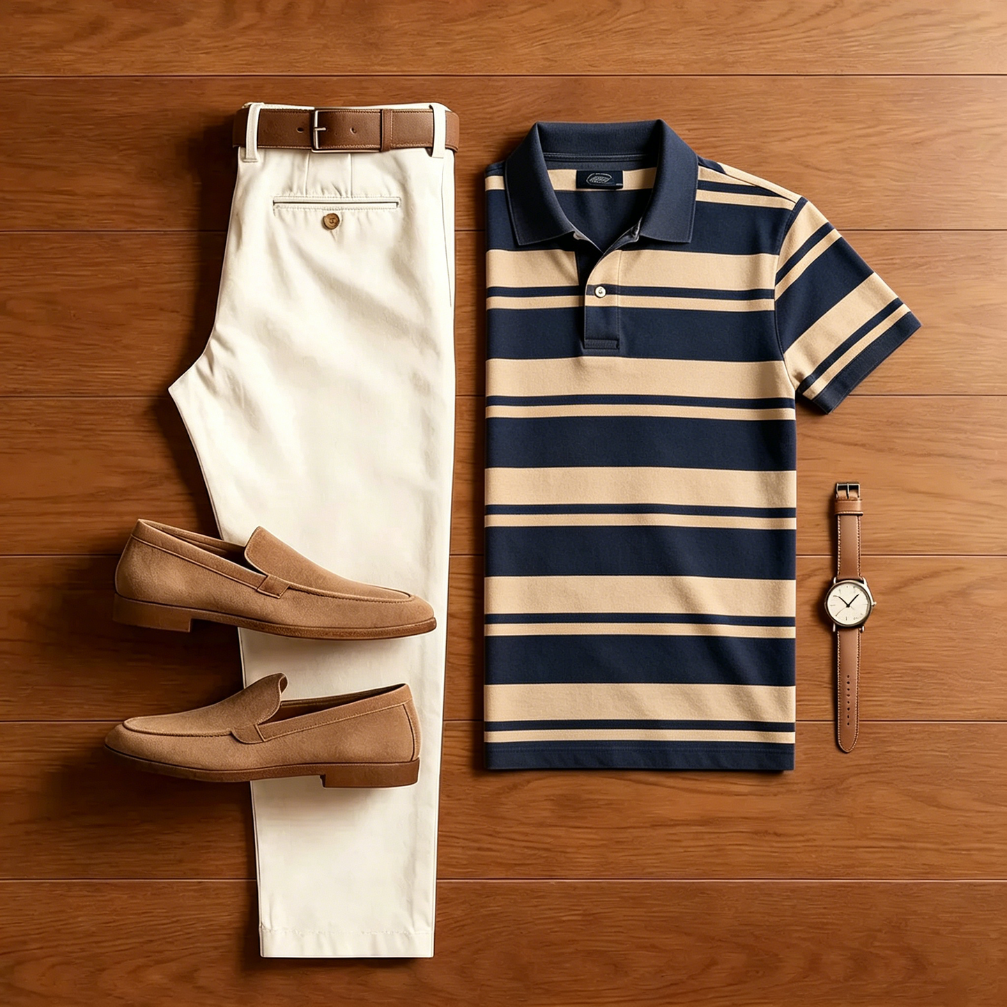 Men's Casual Navy Blue Striped Polo Shirt And Off-white Pants Two-Piece Set
