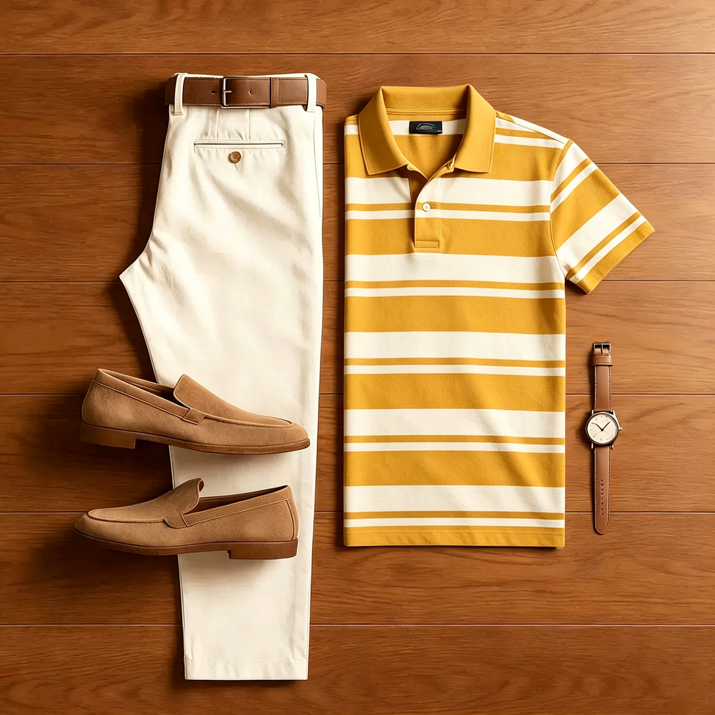 Men's Casual Yellow Striped Polo Shirt And Off-white Pants Two-Piece Set