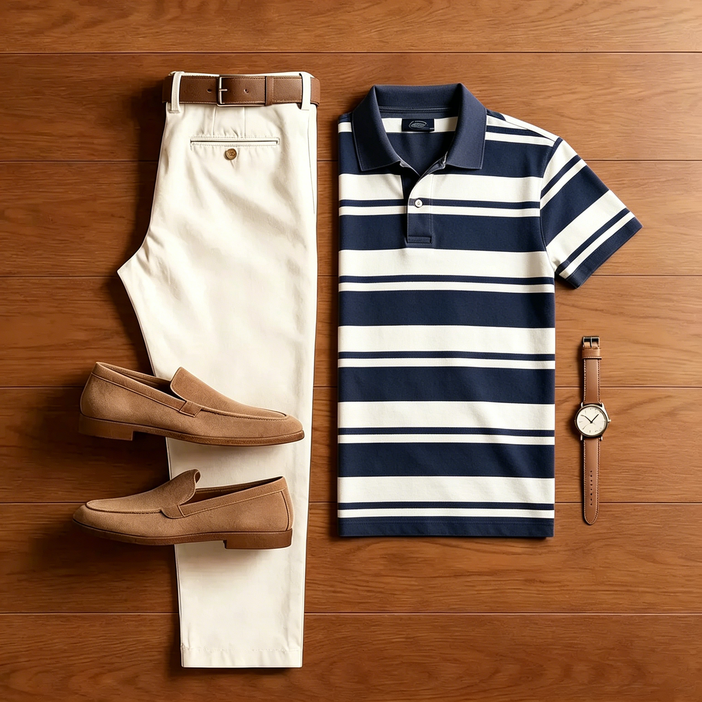 Men's Casual Navy Blue Striped Polo Shirt And Off-white Pants Two-Piece Set
