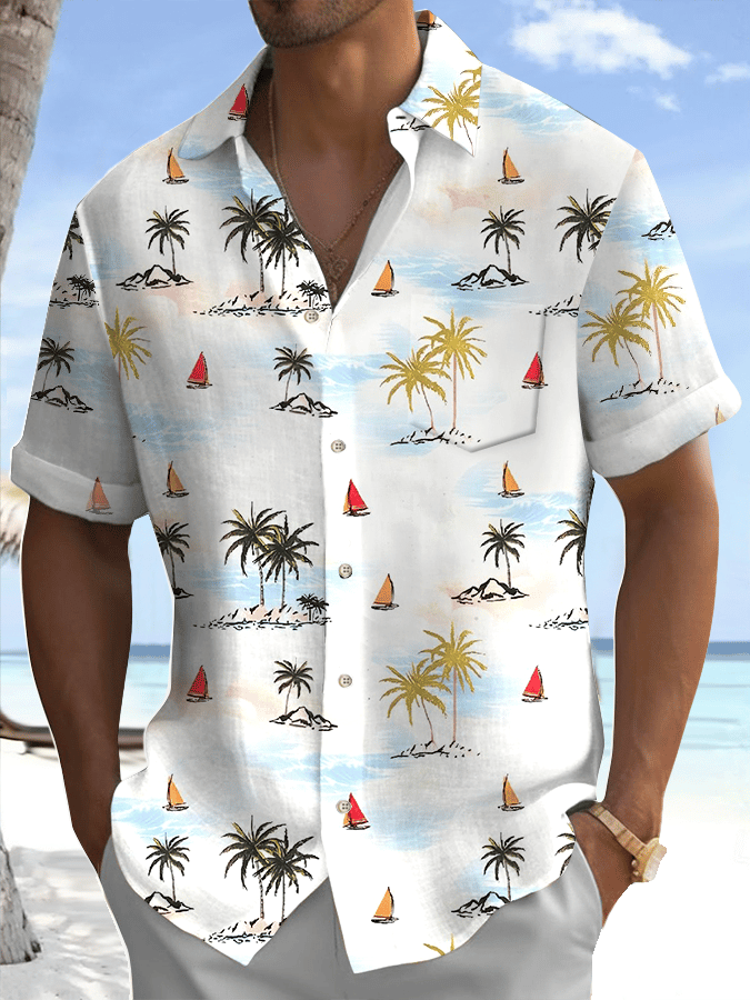 Men's Palm Tree Printed Casual Vacation Shirt (With Pockets)