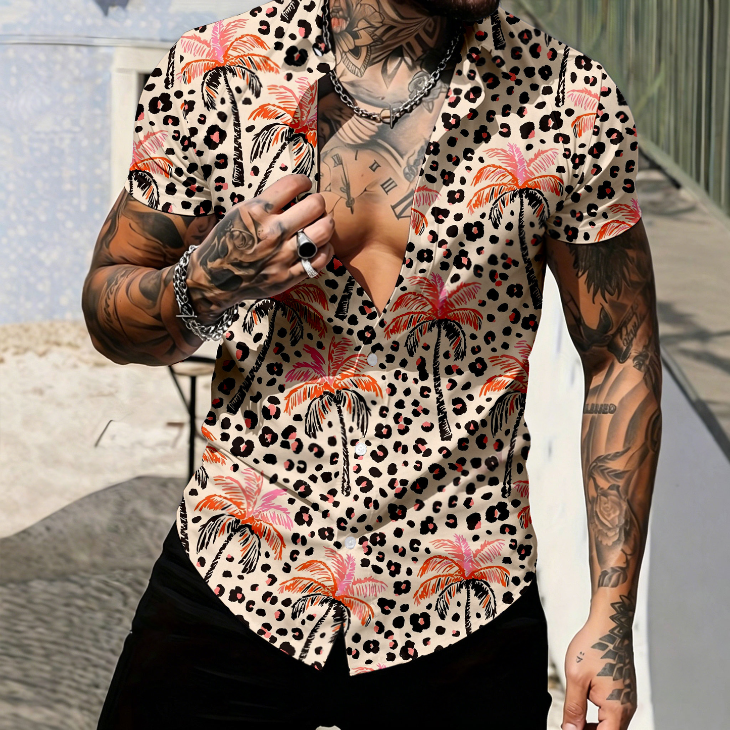 Men's Casual Short-Sleeve Shirt With Coconut Tree And Leopard Print