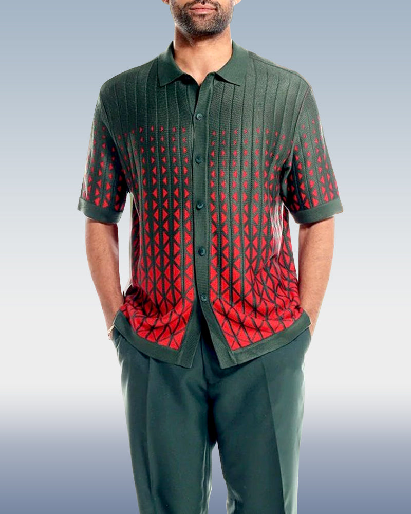 Green Criss-Cross Pattern Walking Suit Short Sleeve Set