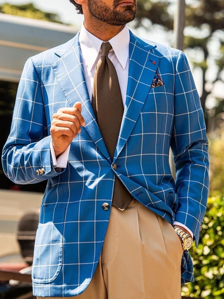 Men's Business Casual Large Pocket Plaid Blazers