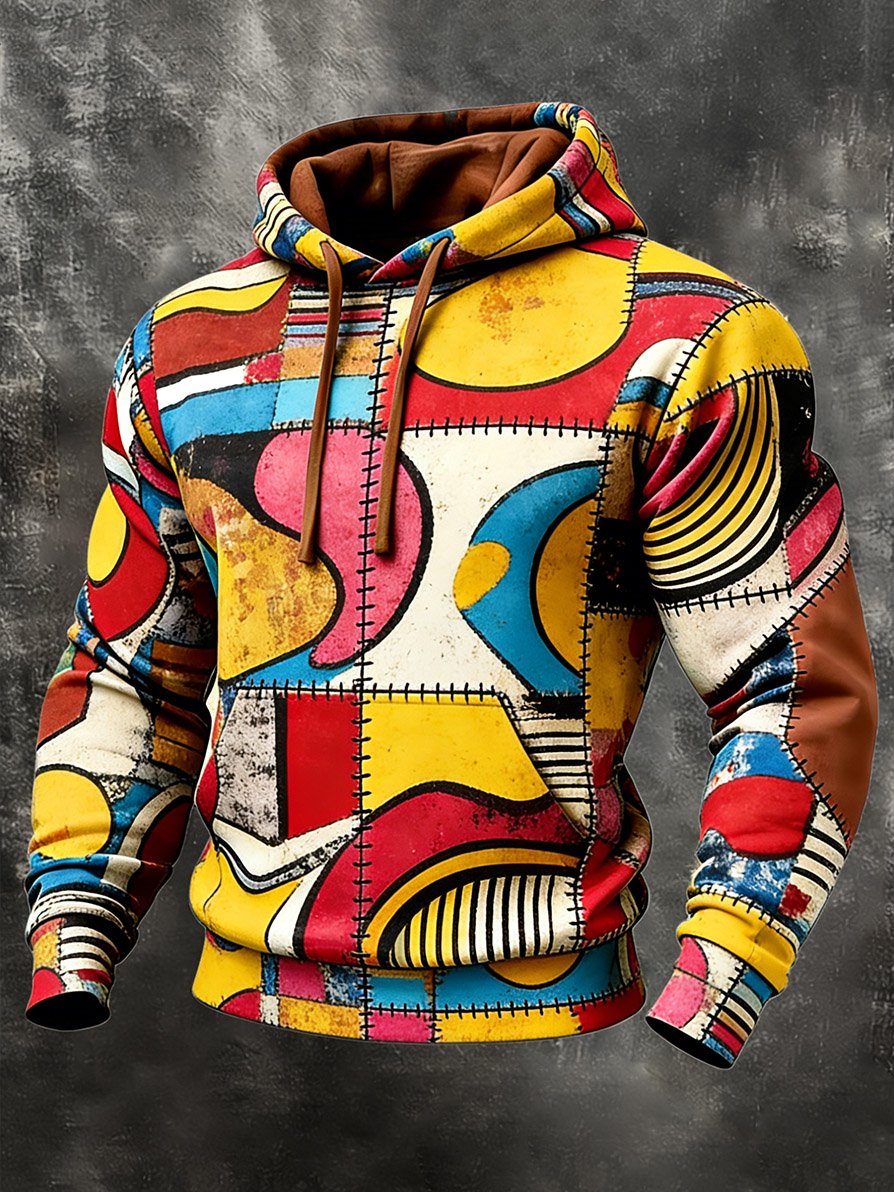 Men's Casual Geometric Patchwork Art Hoodie