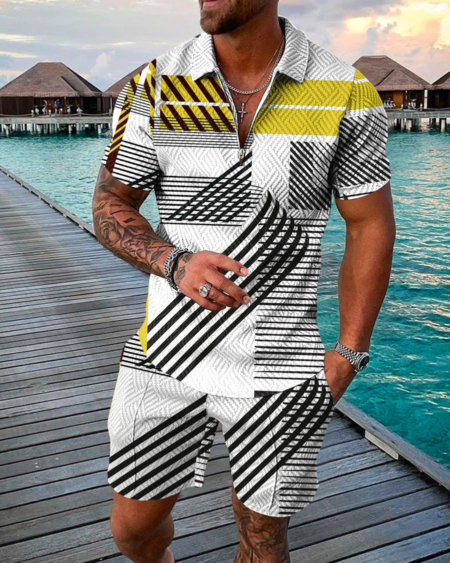 Men's Casual Print Polo Shirt Two Piece