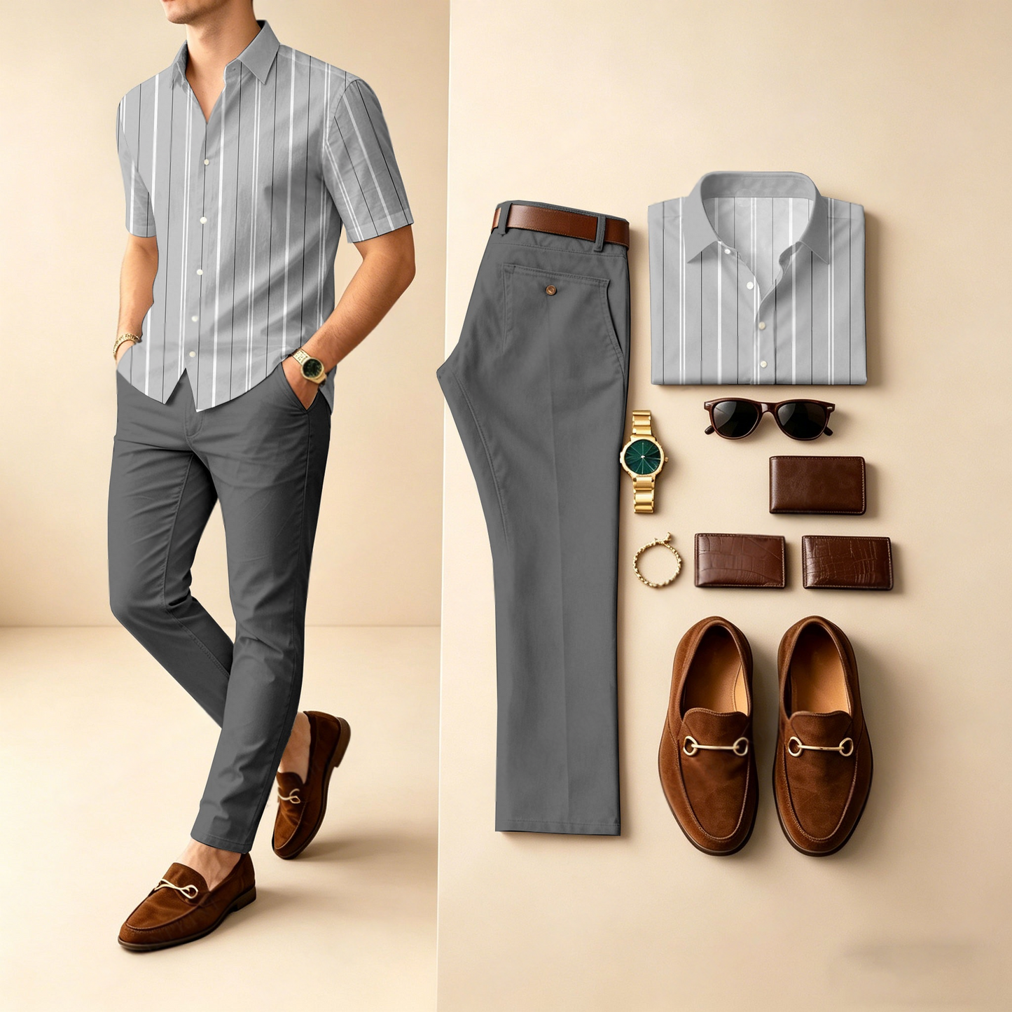 Men's Casual Grey Printed Polo Shirt And Pants Two-Piece Set