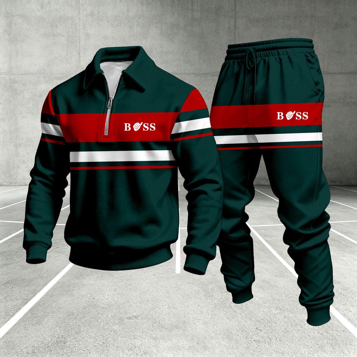 Men's Printed Zipper Polo Shirt and Pants Set