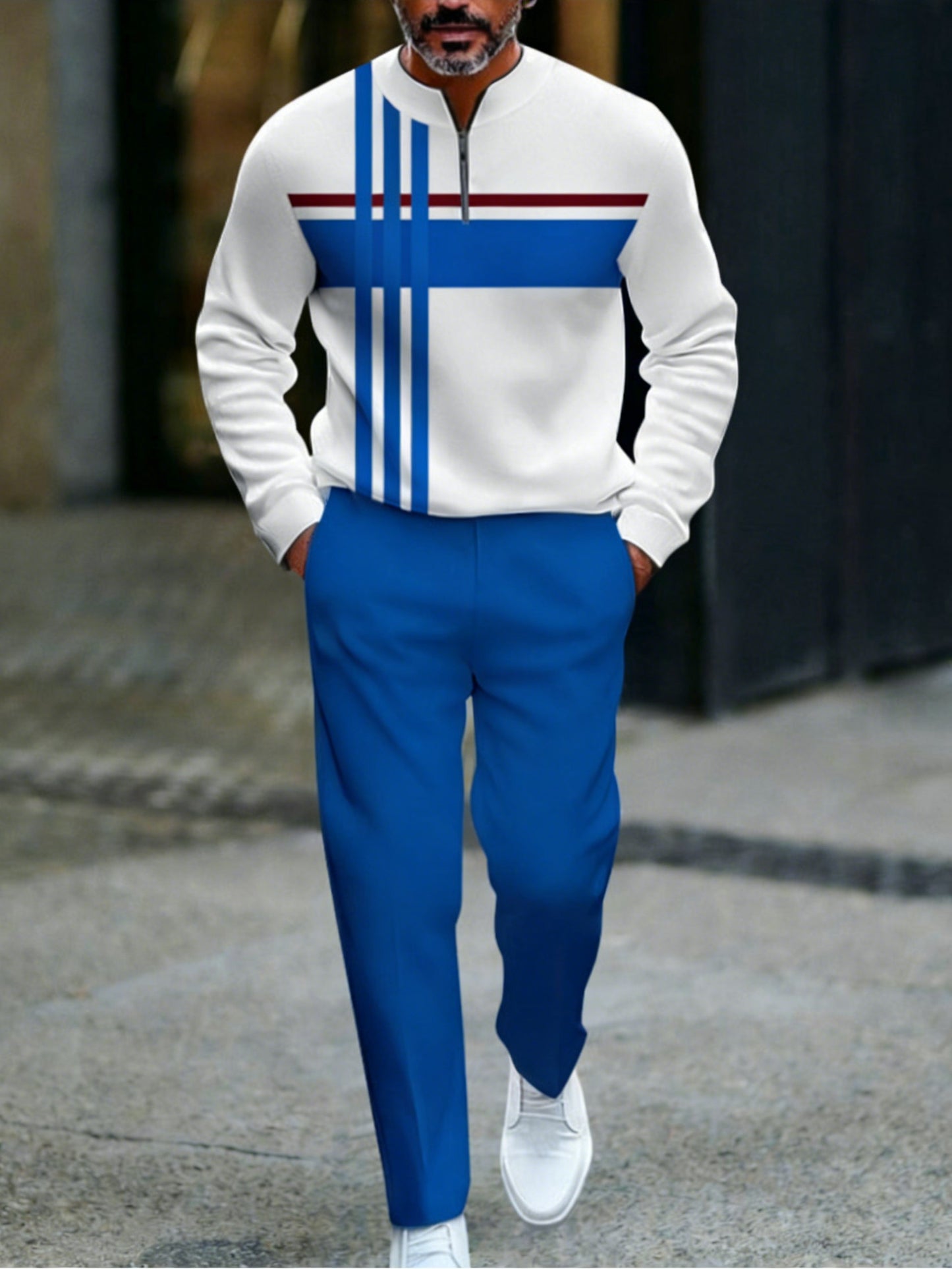 Men's Casual Blue & White Color Matching Striped Printed Round-Neck Zipper Long Sleeved Sweatshirt & Trousers Two-Piece Set