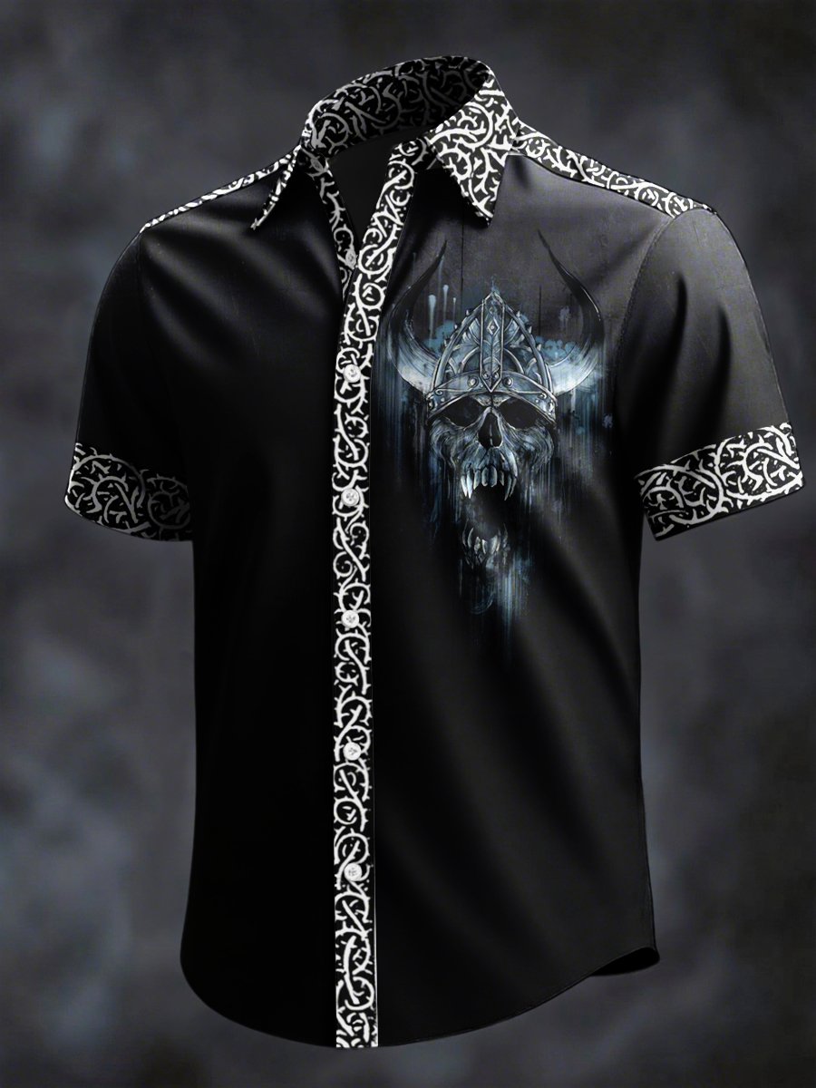 Men's Retro Horror Skull Print Lapel Short Sleeve Shirt