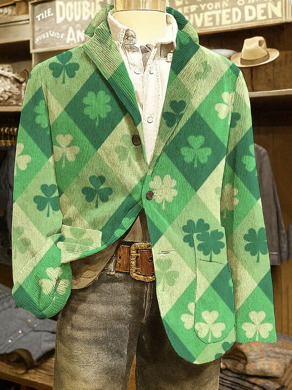 Men's Vintage Irish St. Patrick's Day Shamrock Lucky Print Casual Jacket