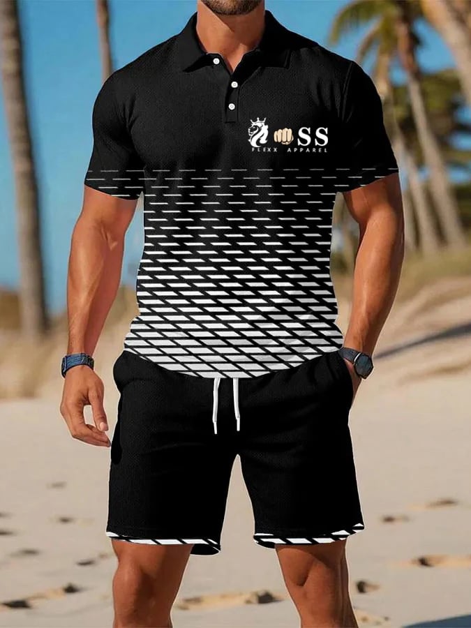 Men's Retro Letter Design Casual Business Short Sleeve Polo Shirt Suit