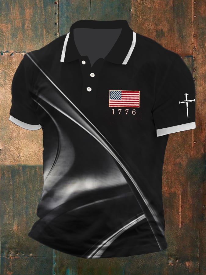 Men's Independence Day Retro Contrast Design Flag Casual Print Polo Shirt
