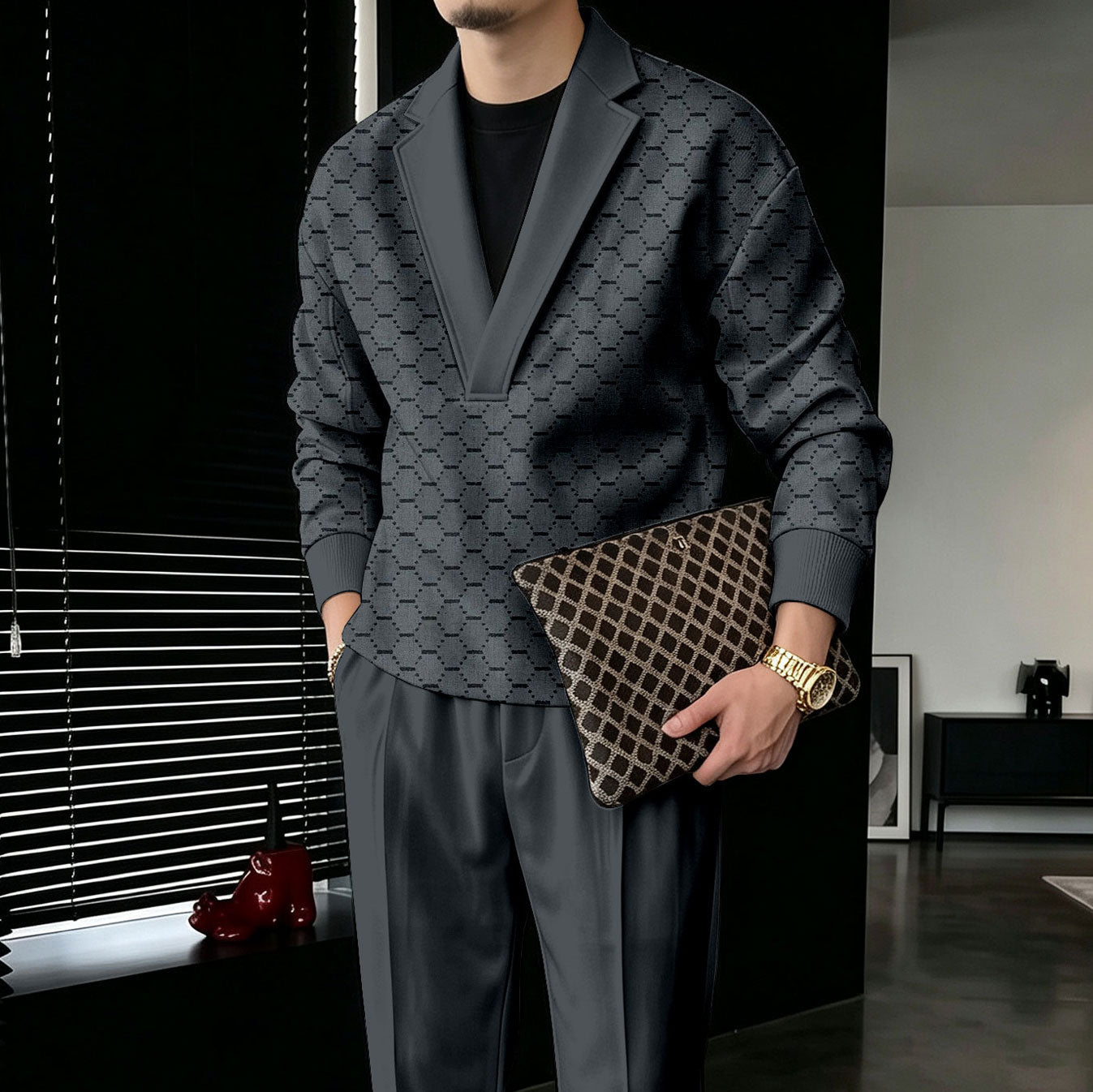 Men's Dark Gray V-Neck Sweatshirt and Pants Set