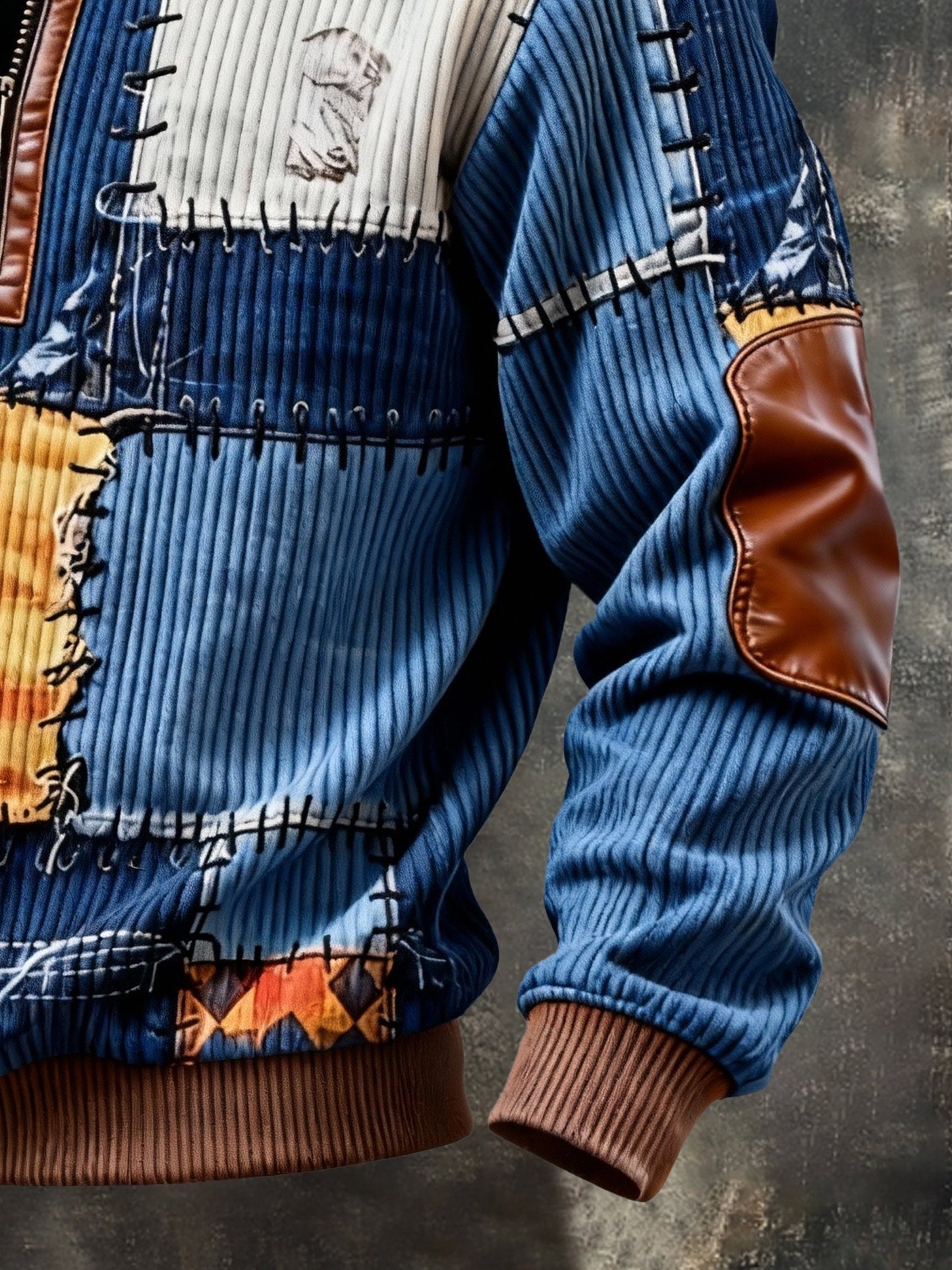 Men's Vintage Color-Block Printed Zip-Up Hoodie