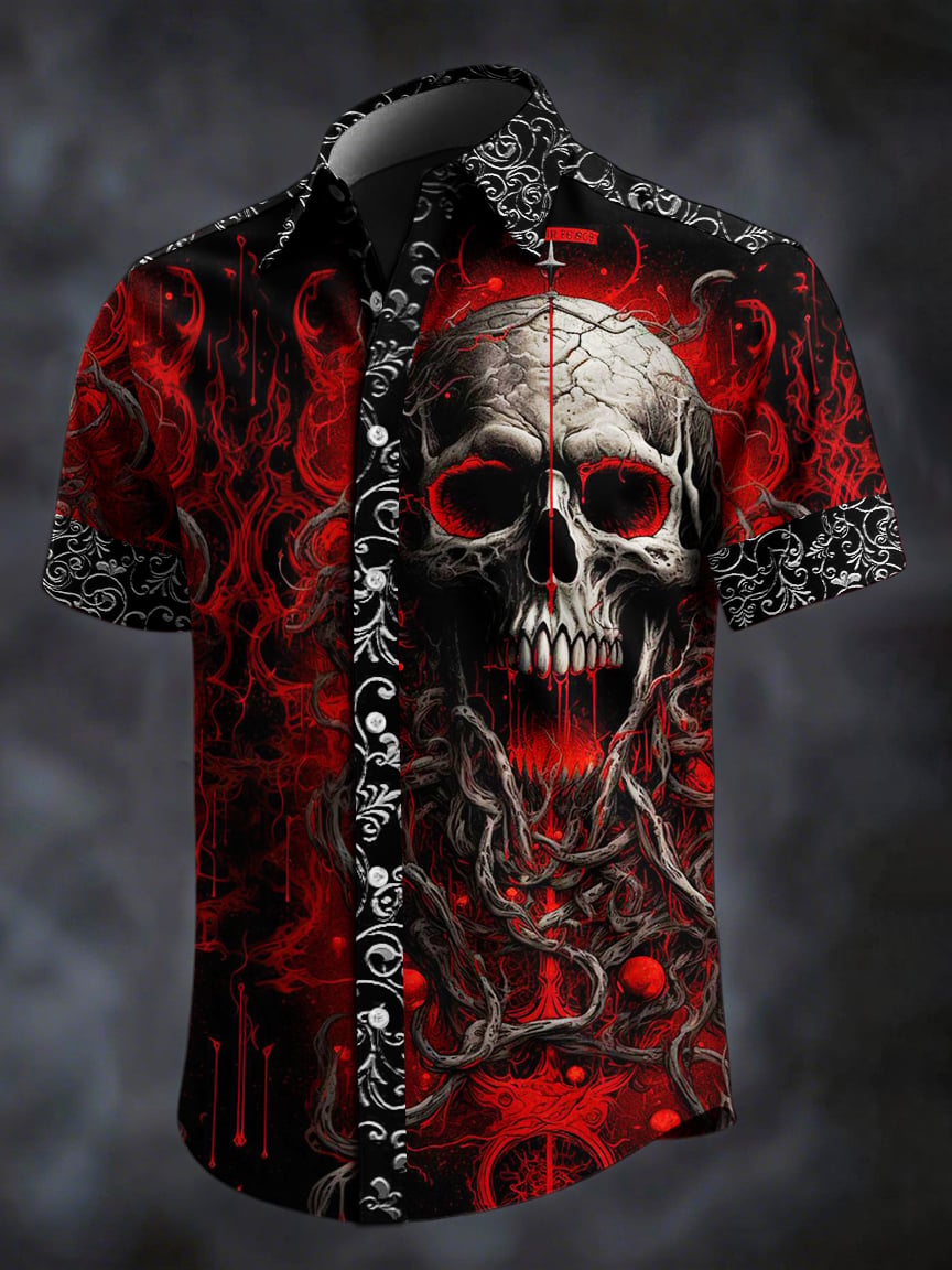 Men's Retro Skull Print Lapel Short Sleeve Shirt