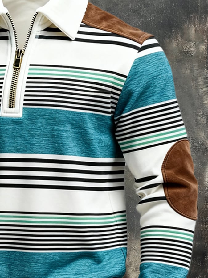Men's Retro Color Block Print Zipper Sweatshirt