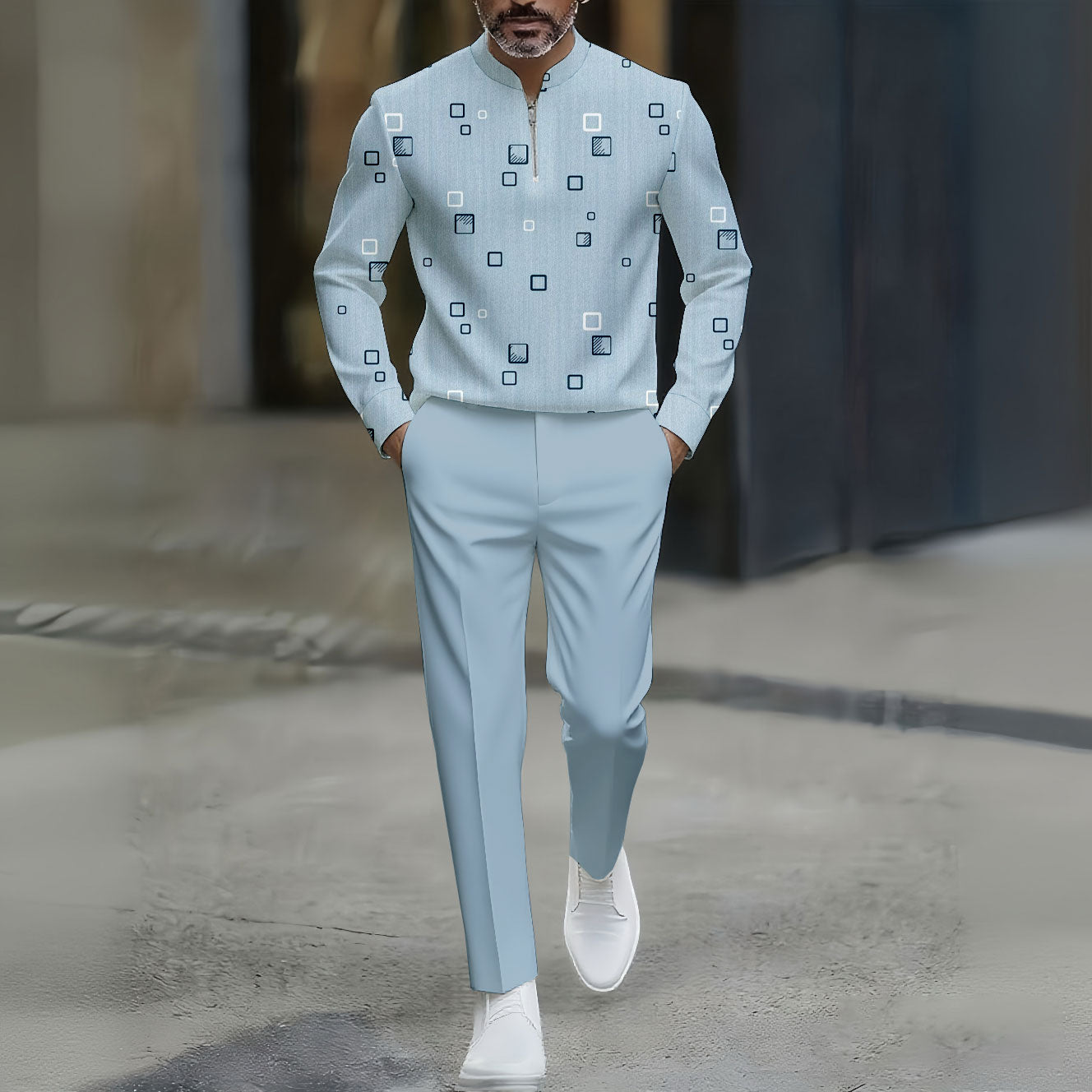 Men's Casual Color Matching Checked Printed Round-Neck Zipper Long Sleeved Trousers Light Blue Two-Piece Set