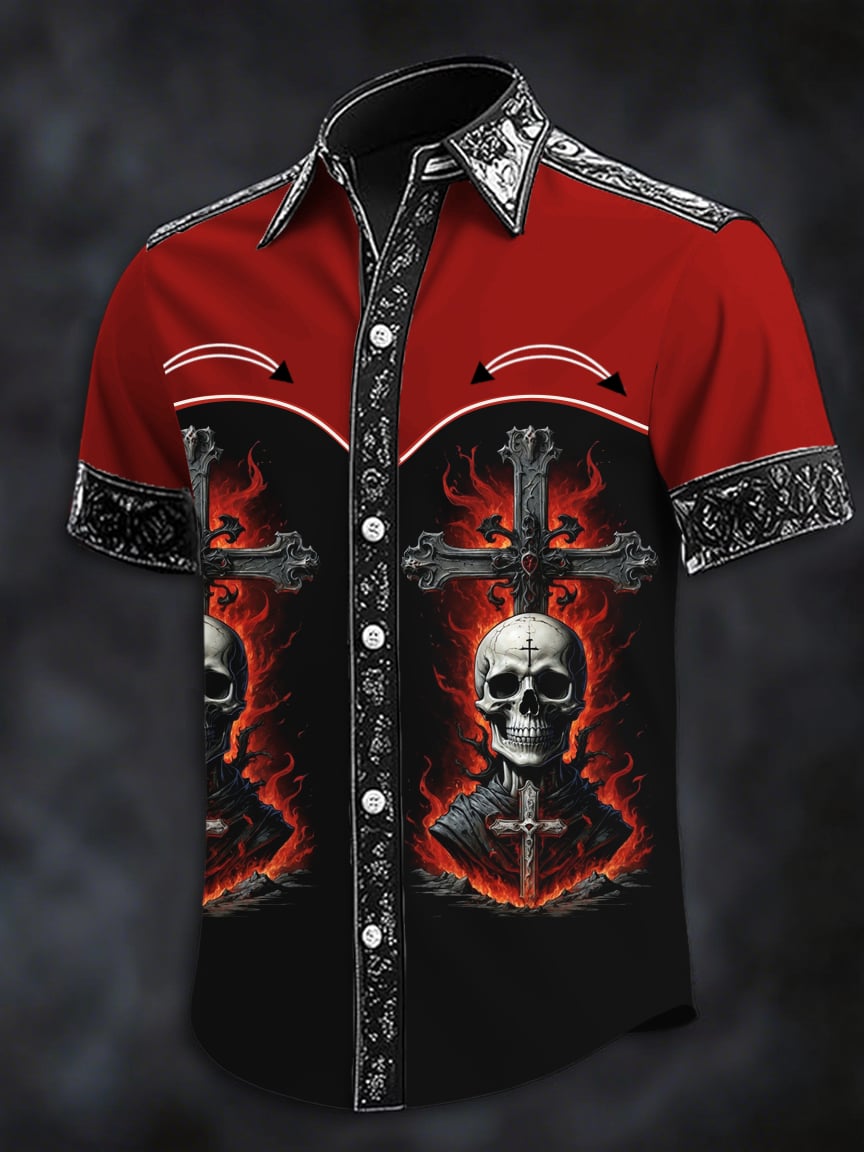 Men's Dark Skull Print Casual Short Sleeve Shirt