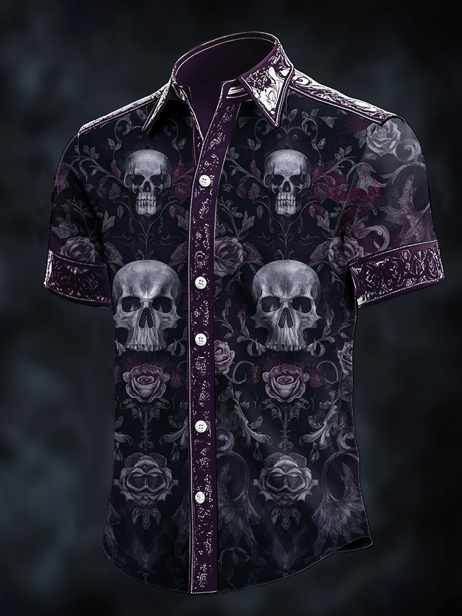 Men's Dark Skull Print Satin Short Sleeve Shirt