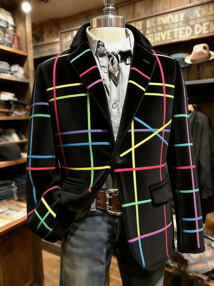 Men's Artistic Line Print Flannel Lapel Casual Jacket