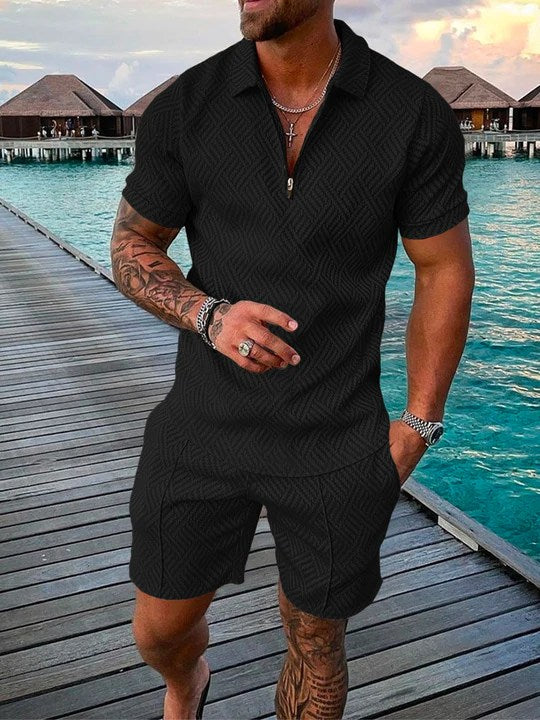 Men's Casual Black Polo Shirt Two Piece
