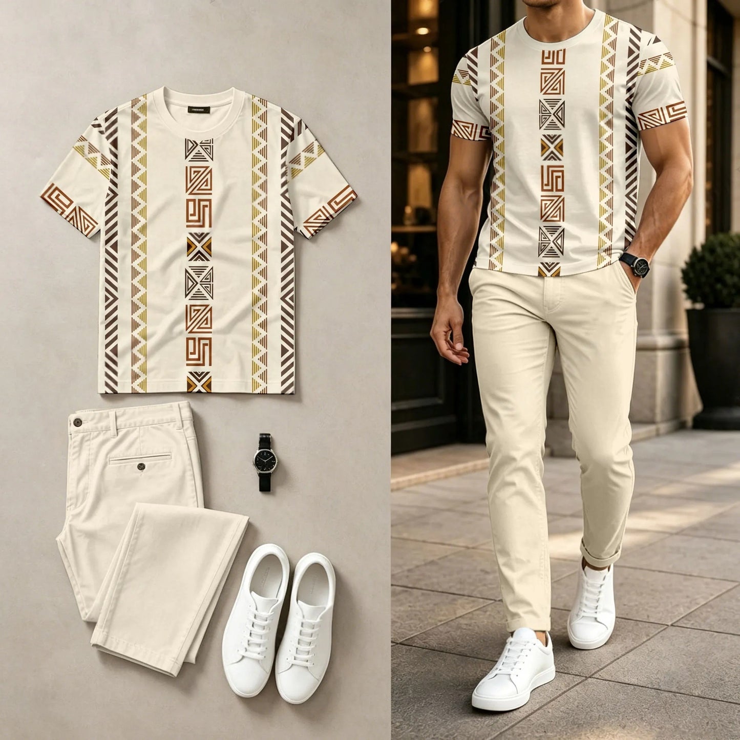 Men's Casual Geometric Print Round-Neck Short-Sleeve Top And Pants Two-Piece Set