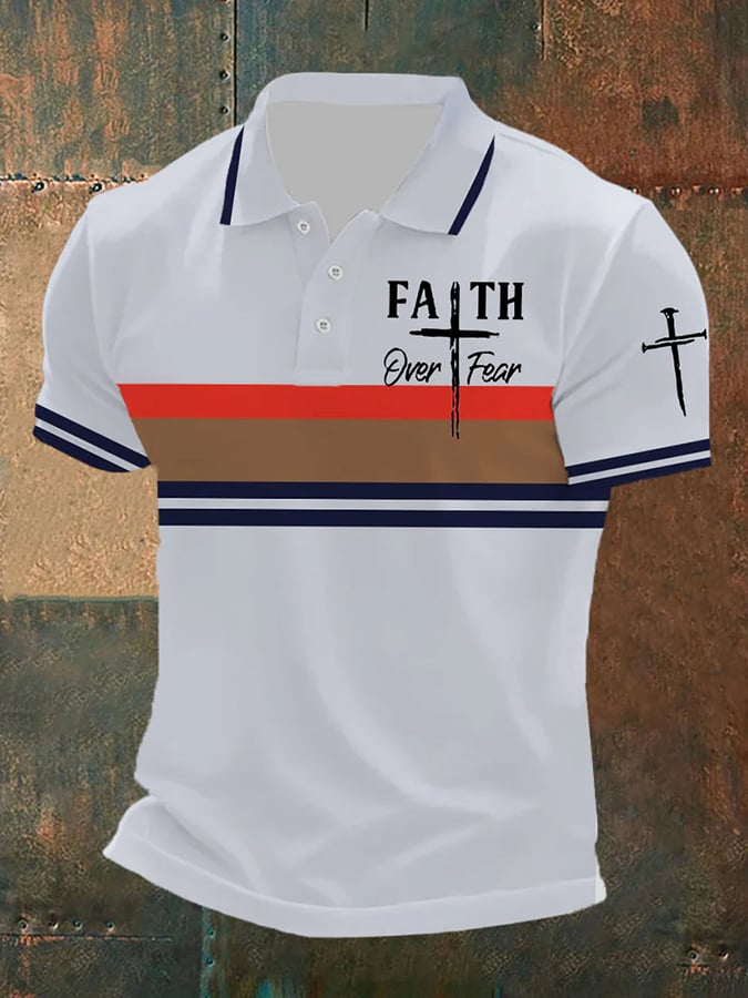 Men's Retro Faith “Faith Over Fear�? Casual Printed Polo Shirt