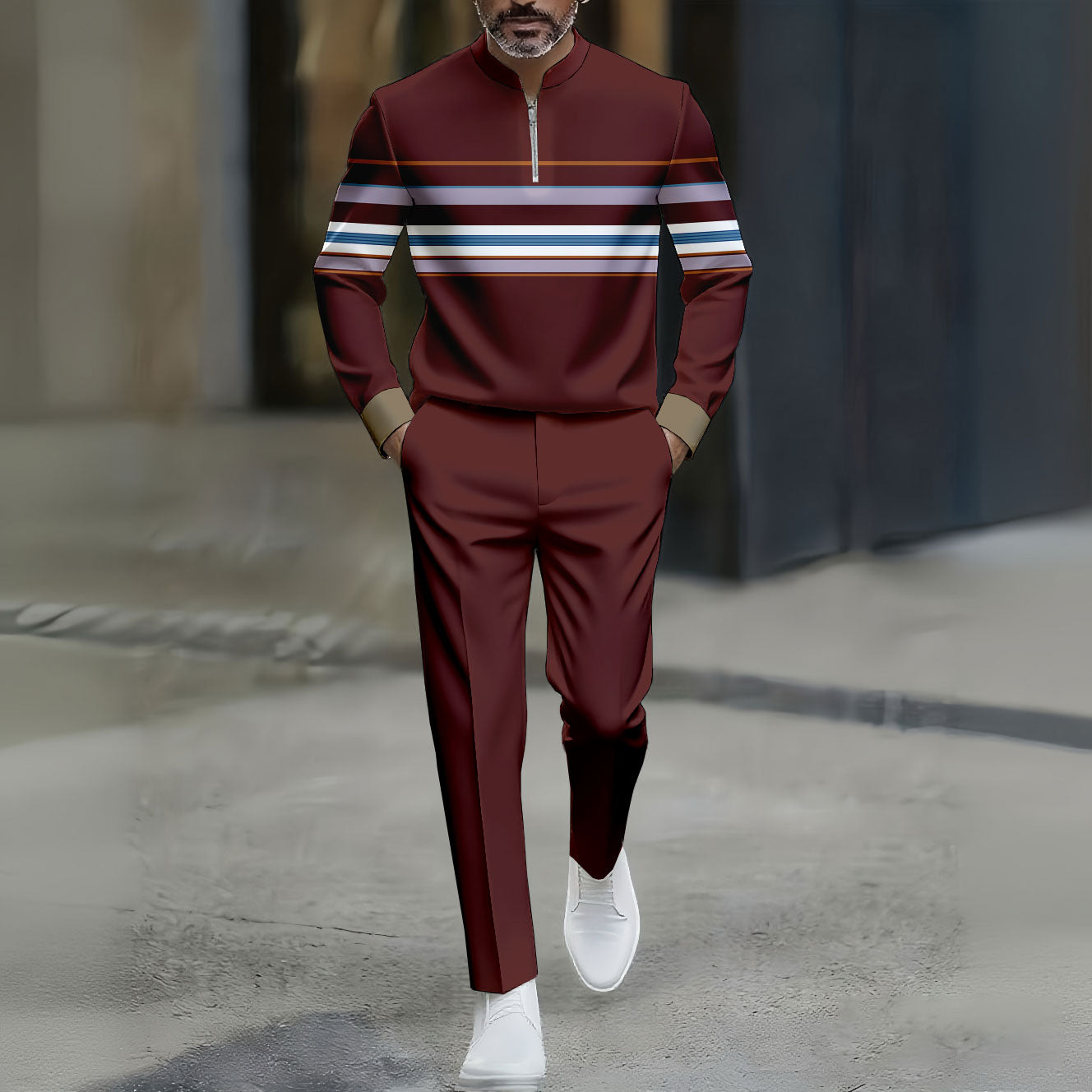 Men's Casual Color Matching Striped Printed Round-Neck Zipper Long Sleeved Trousers Maroon Two-Piece Set