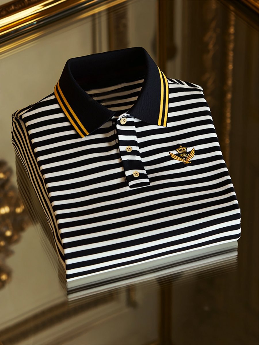 Men's Business Casual Striped Button Short Sleeve Polo Shirt
