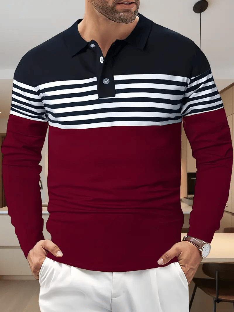Men's Business Casual Striped Long-Sleeved Polo Shirt