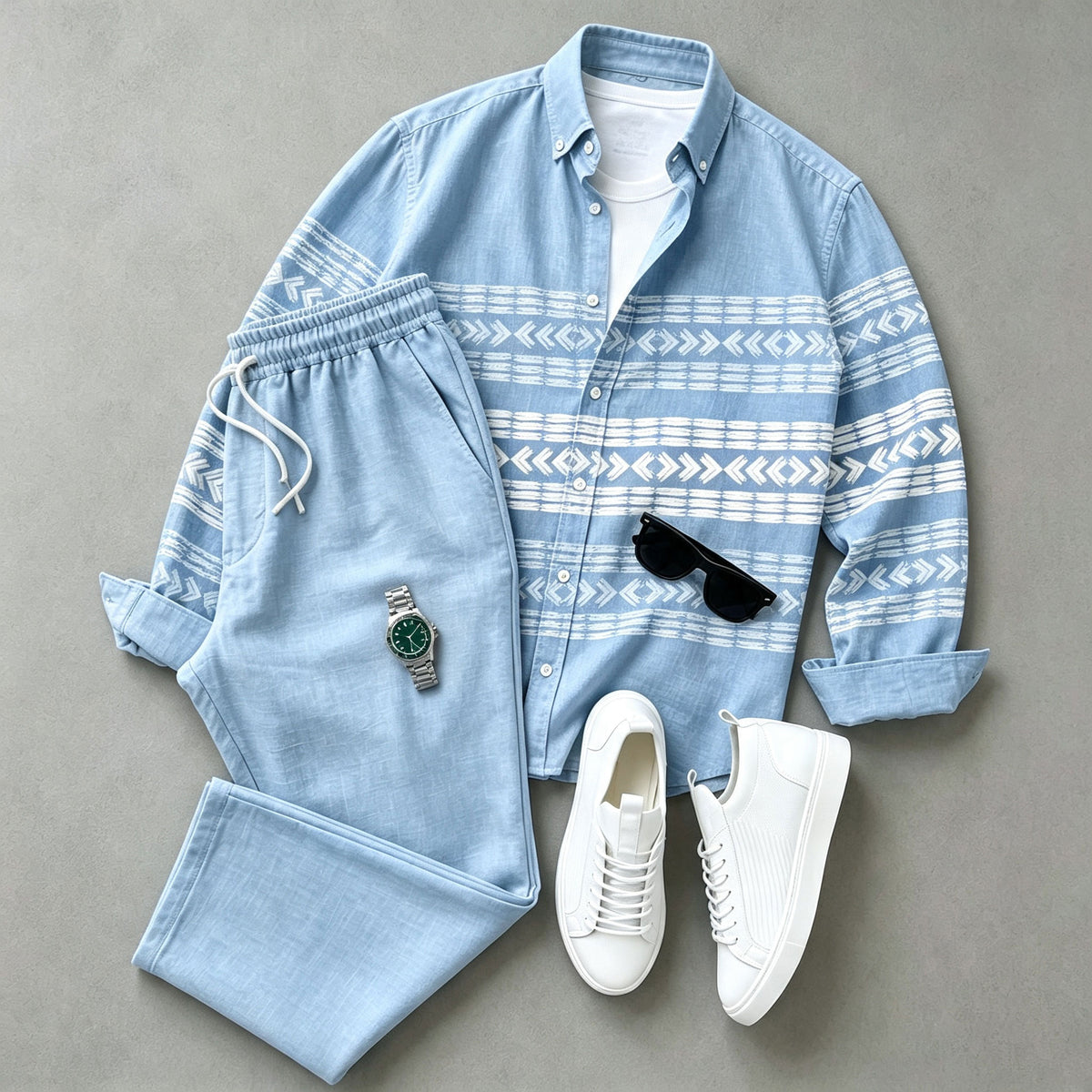Men's Blue Printed Long-Sleeve Shirt and Pants Set