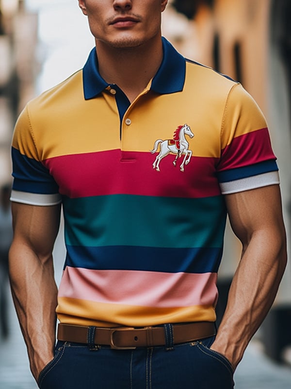 Men's Business Stripe Logo Button-Down Short Sleeve Polo Shirt