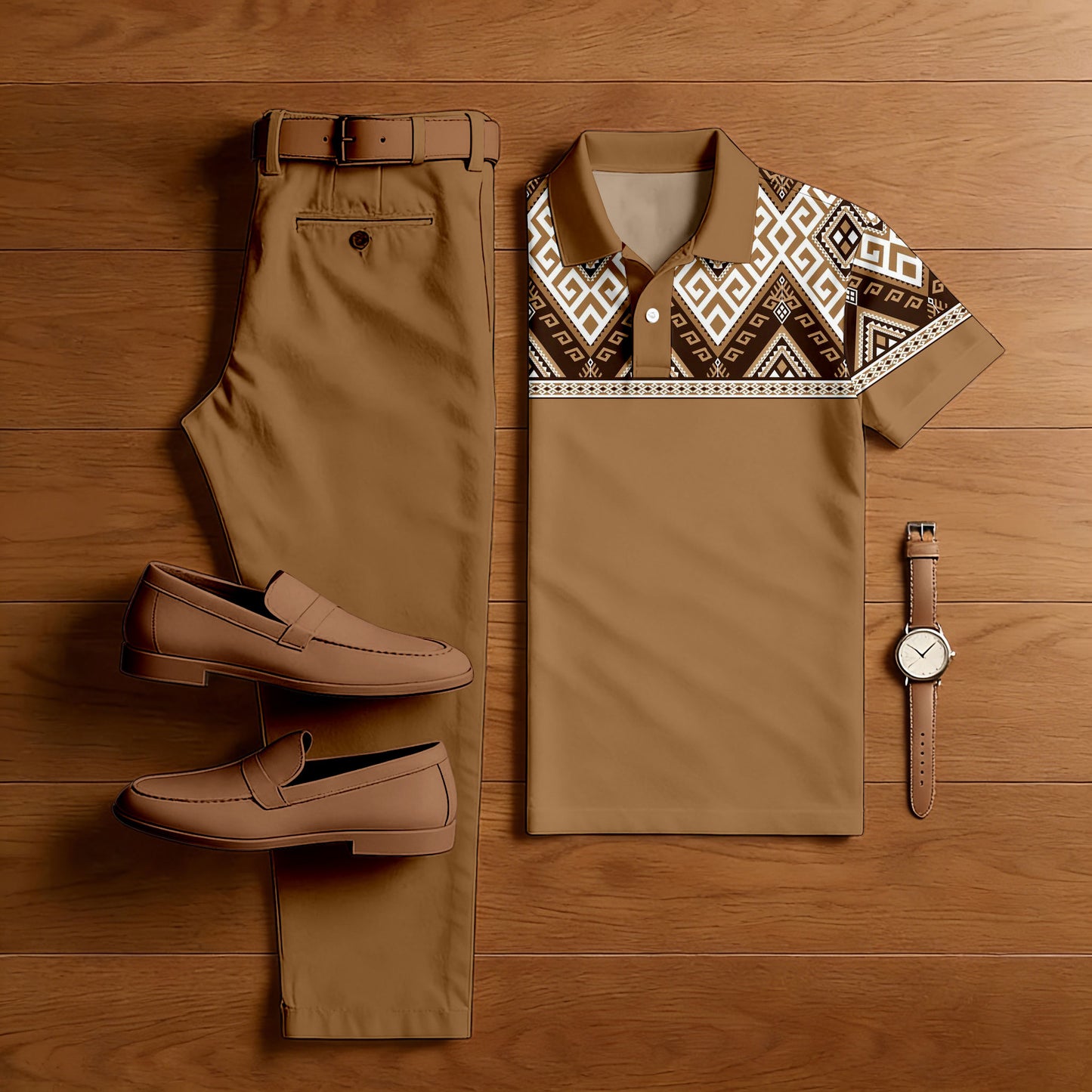 Men's Casual Brown Color Matching Ethnic Styled Printed Short Sleeved Polo Shirt & Trousers Two-Piece Set